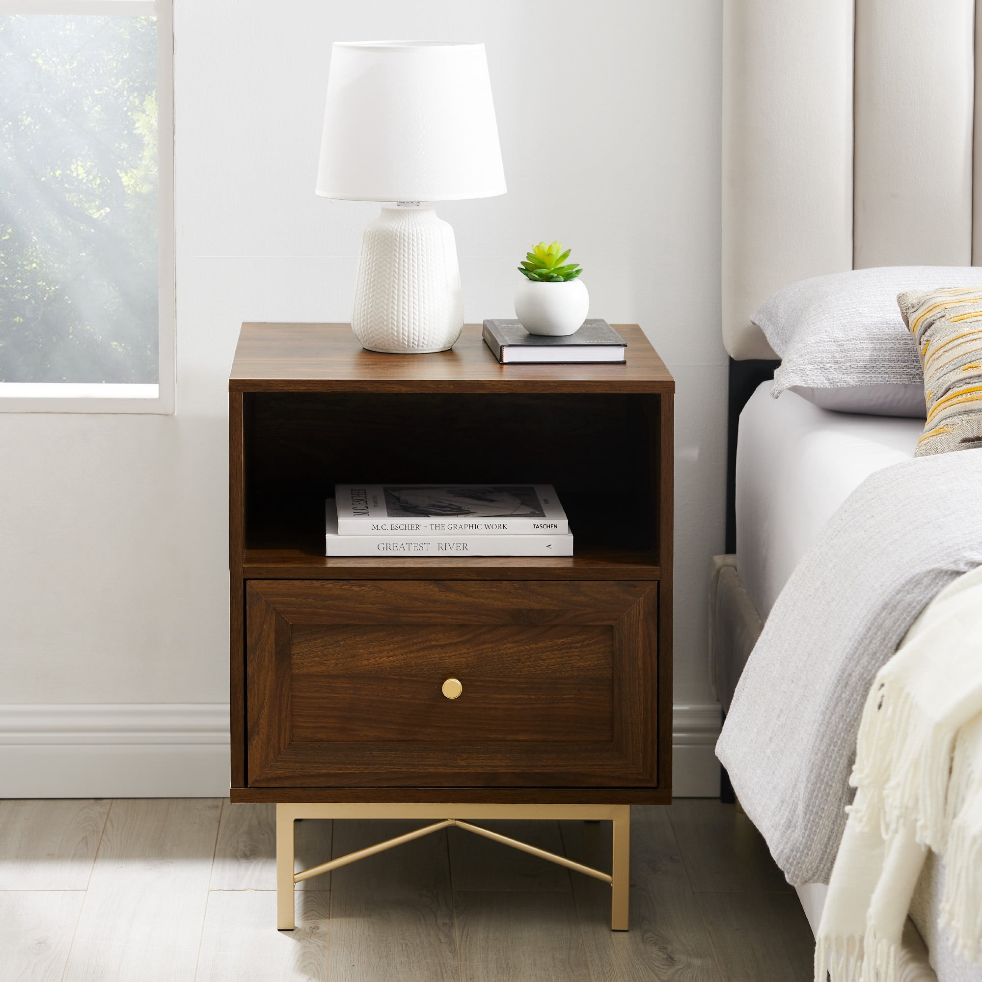 Walker Edison Modern Single Drawer Nightstand, Dark Walnut