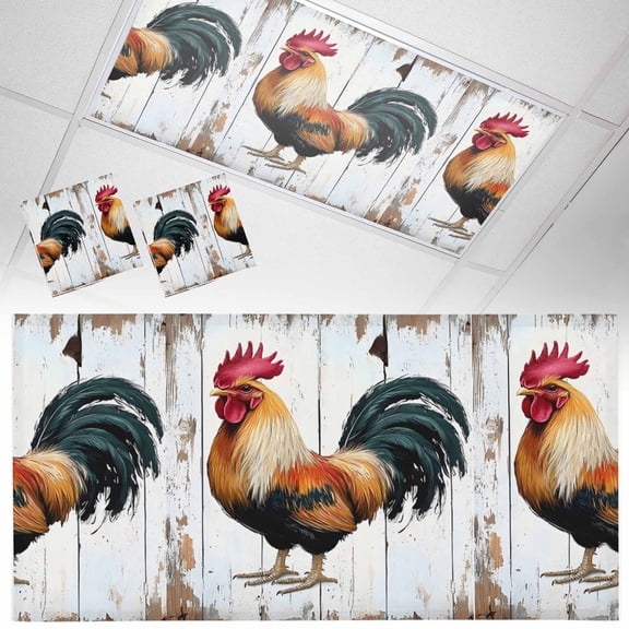 2 Pack Vintage Rooster Fluorescent Light Covers for Ceiling Lights Colorful Chicken White Wooden Broad Magnetic Ceiling Light Covers Overhead Light Filters for Office Classroom Home