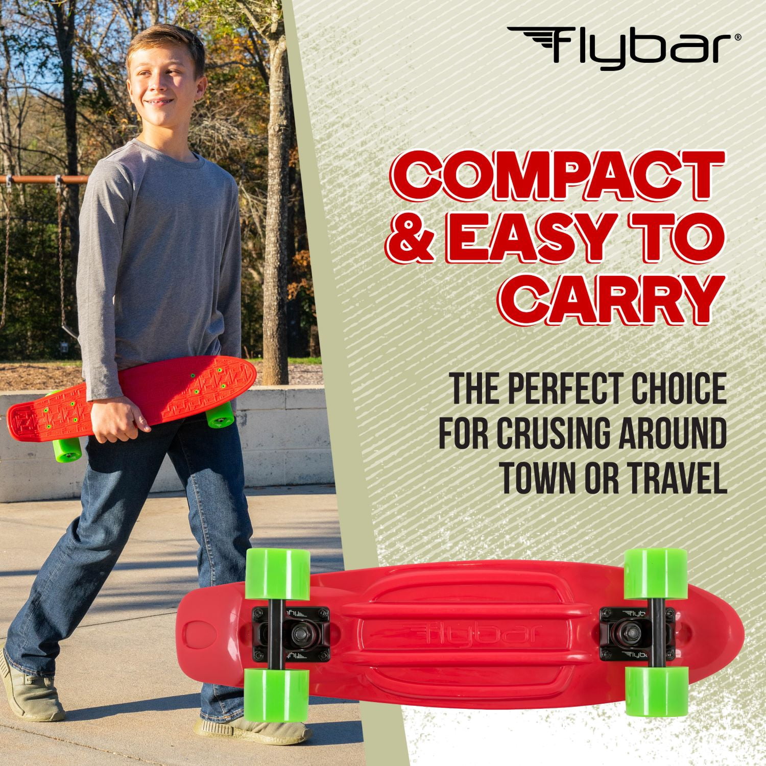 Flybar 22 inch Plastic Cruiser Skateboard, Non-Slip Deck, for Boys and Girls Ages 6+ up to 175lbs, Red