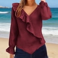 thumbnail image 2 of Women's Cotton Linen Shirts Ruffled Long Sleeve Business Work Shirt Elegant V-Neck Ruffle Collar Blouse, 2 of 6