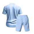 thumbnail image 5 of RYDCOT Men's 2 Piece Linen Set Stand up Collar Button Down Short Sleeve Shirt and Shorts Summer Beach Outfit Light Blue, 5 of 6