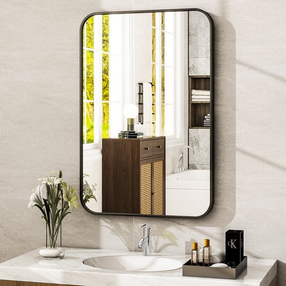 Lumora 28"x20.2" Bathroom Mirror with Round Edge Wall- Mounted Mirror, Black