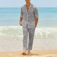 thumbnail image 3 of Felirenzacia Men’s 2 Piece Linen Outfit – Long Sleeve Button Down Shirt and Loose Pants Set, Lightweight Breathable Beach Vacation Clothing with Relaxed Fit, 3 of 7