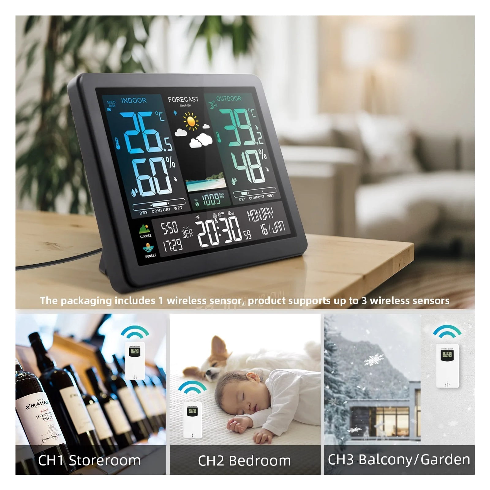 Wireless Weather Station with Barometric Pressure, Digital Moon Phase Monitor