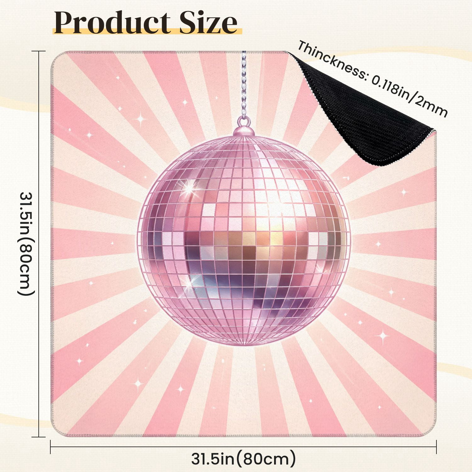 Mahjong Mat 31.5" x 31.5" Pink Sparkling Disco Ball Retro Sunburst Non-Slip Noise Reduction Mahjong Tiles Table Cover for Dominoes Poker Card Board and Tile Games