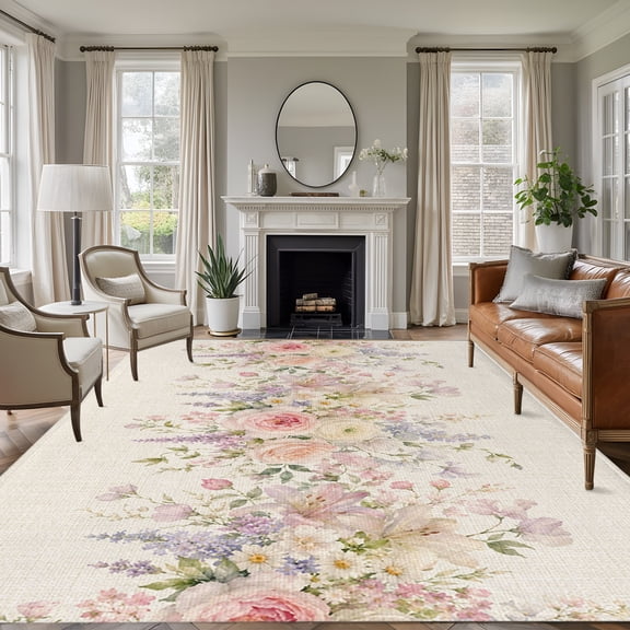 Pink Spring Floral 5'x7' Area Rug, Vintage Rustic Flowers Pastoral Washable Non-Slip Soft Rugs, Low-Pile Large Carpet for Living Room Bedroom Dining Room, Non-Shedding Accent Rug