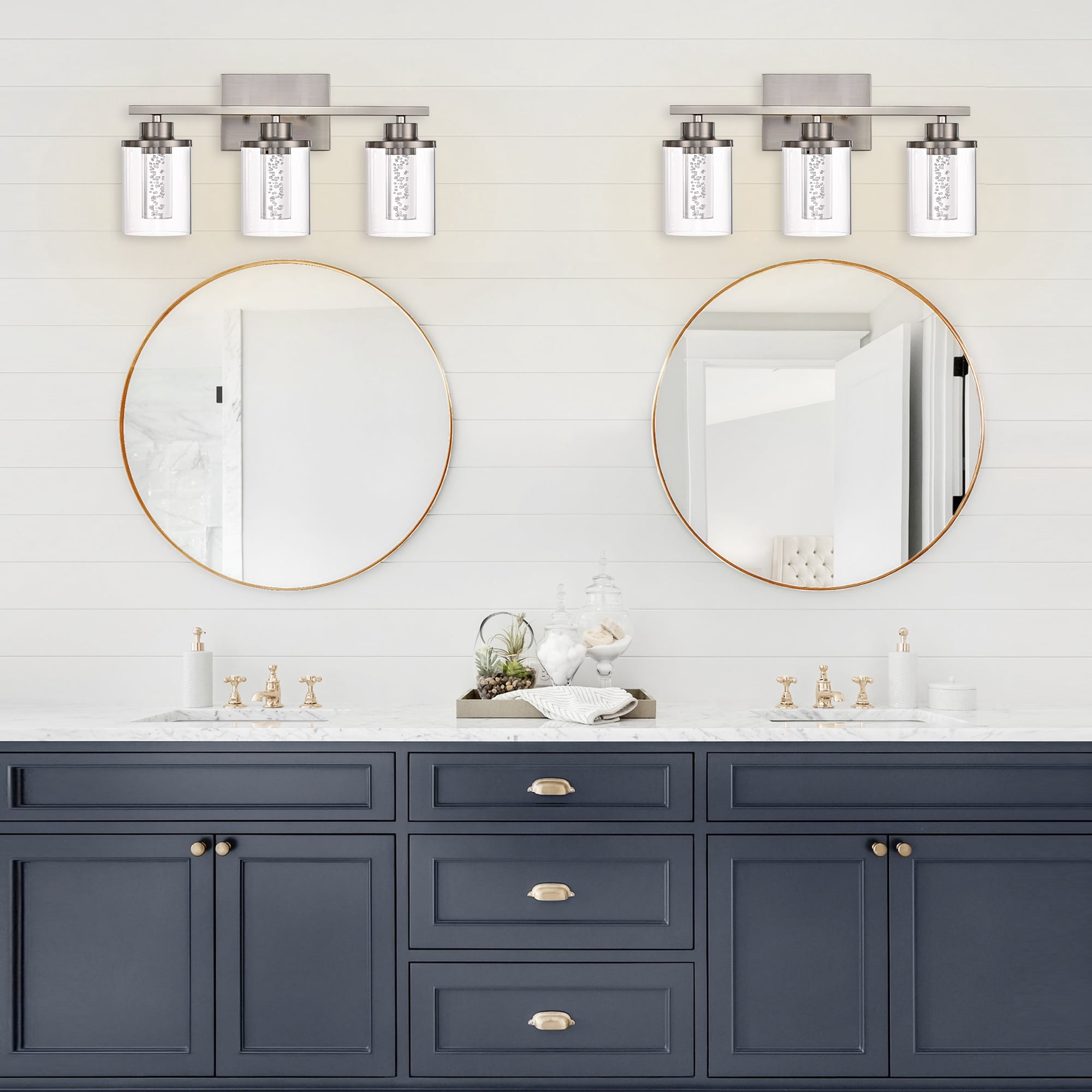 Melucee 5CCT Dimmable LED Brushed Nickel Vanity Lights 3-light, Modern Vanity Lighting Fixtures with Crystal Light Columns and Clear Glass for Bathroom Bedroom