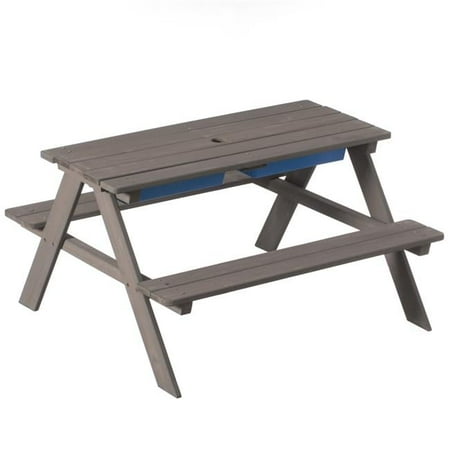 Kids Picnic Play Table, Sandbox Table with Umbrella Hole and 2 Play Boxes with Removable Top, Gray
