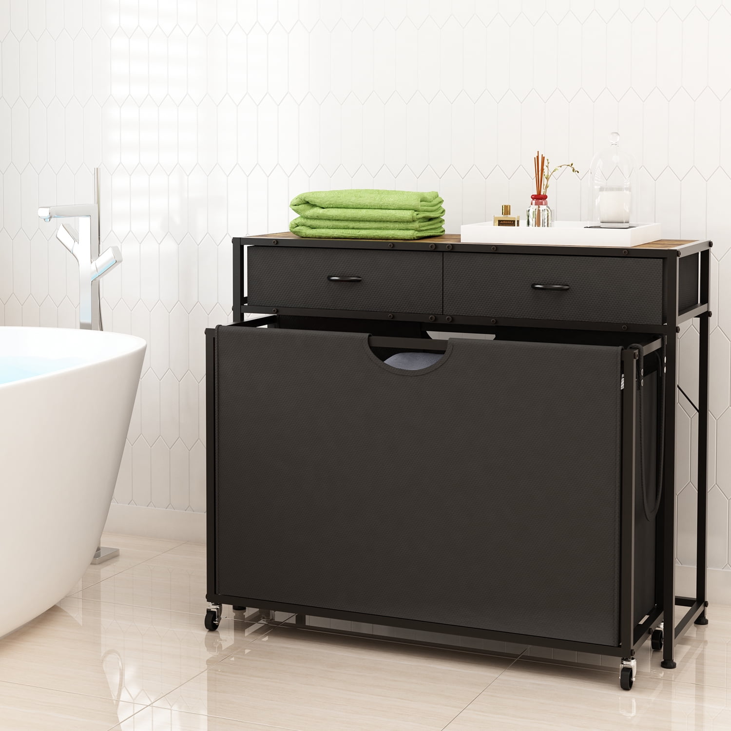 LENLN 3-Section Laundry Hamper Sorter，Laundry Basket with wheels，Movable Rolling Laundry Baskets Cart,Pull-Out Baskets and 2 Drawers Storage Organizer，Laundry Butler for Bathroom Bedroom Laundry Room