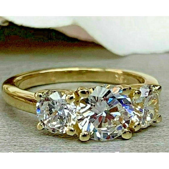 TAAPSEE JEWELS 14K Yellow Gold Over Silver Round Cut Cubic Zirconia Three stone Engagement Band Ring Size 5