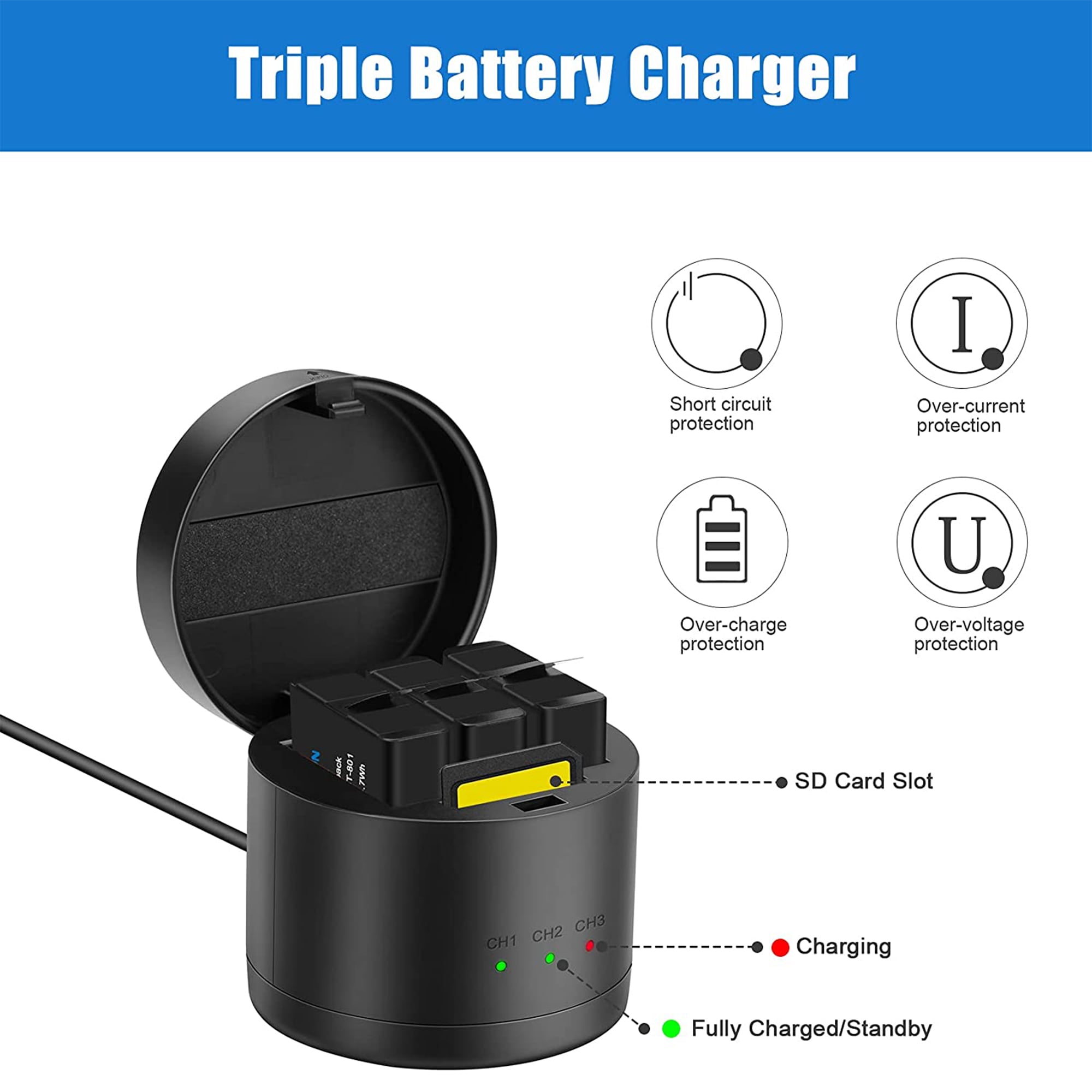 3-Pack Battery and 3 Charger for Gopro Hero 8 Black, Hero 7 Black, Hero 6 Black Action Camera