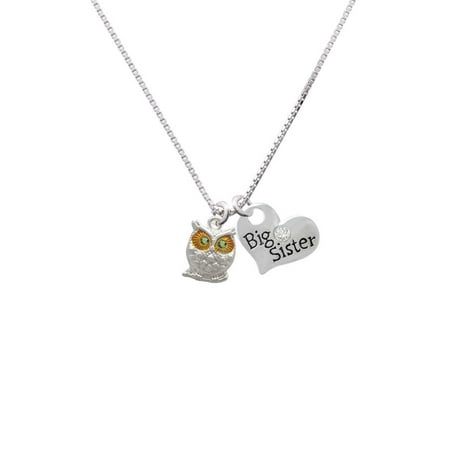 Eyed Owl Pendant - Silvertone Owl with Lime Green Crystal Eyes Big Sister Heart Necklace