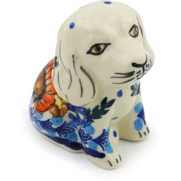 Polish Pottery 3¾-inch Dog Figurine (Bold Poppies Theme) Signature UNIKAT Hand Painted in Boleslawiec, Poland   Certificate of Authenticity