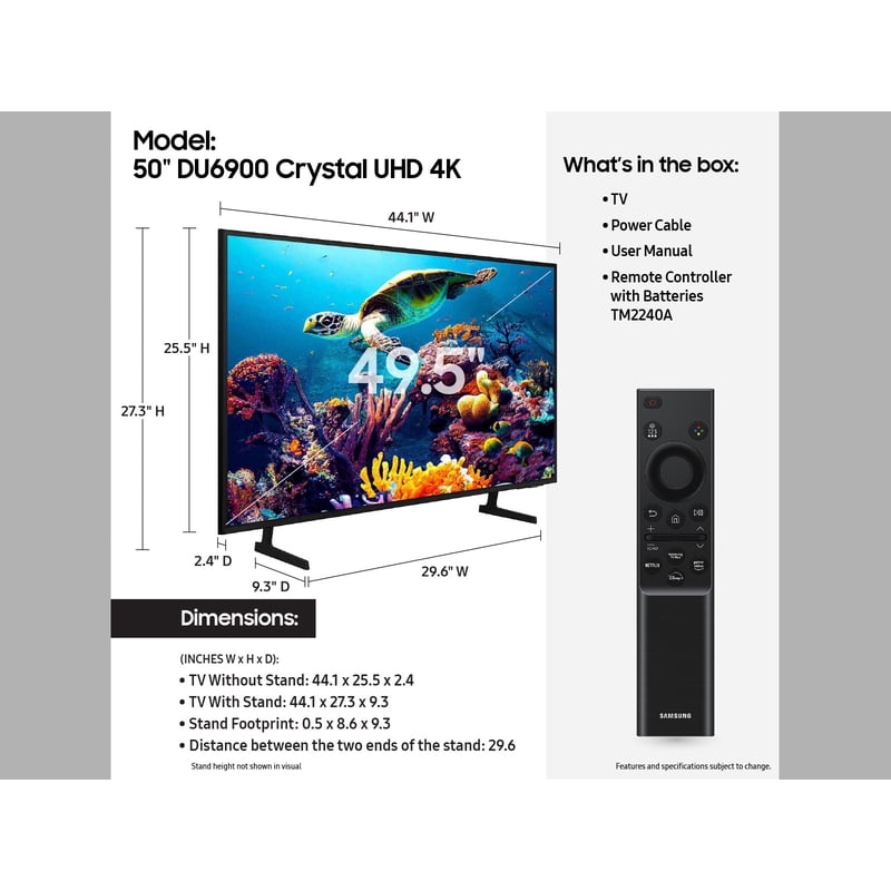 SAMSUNG 50” Class DU6900 Crystal UHD 4K Smart TV UN50DU6900FXZA display and camera view