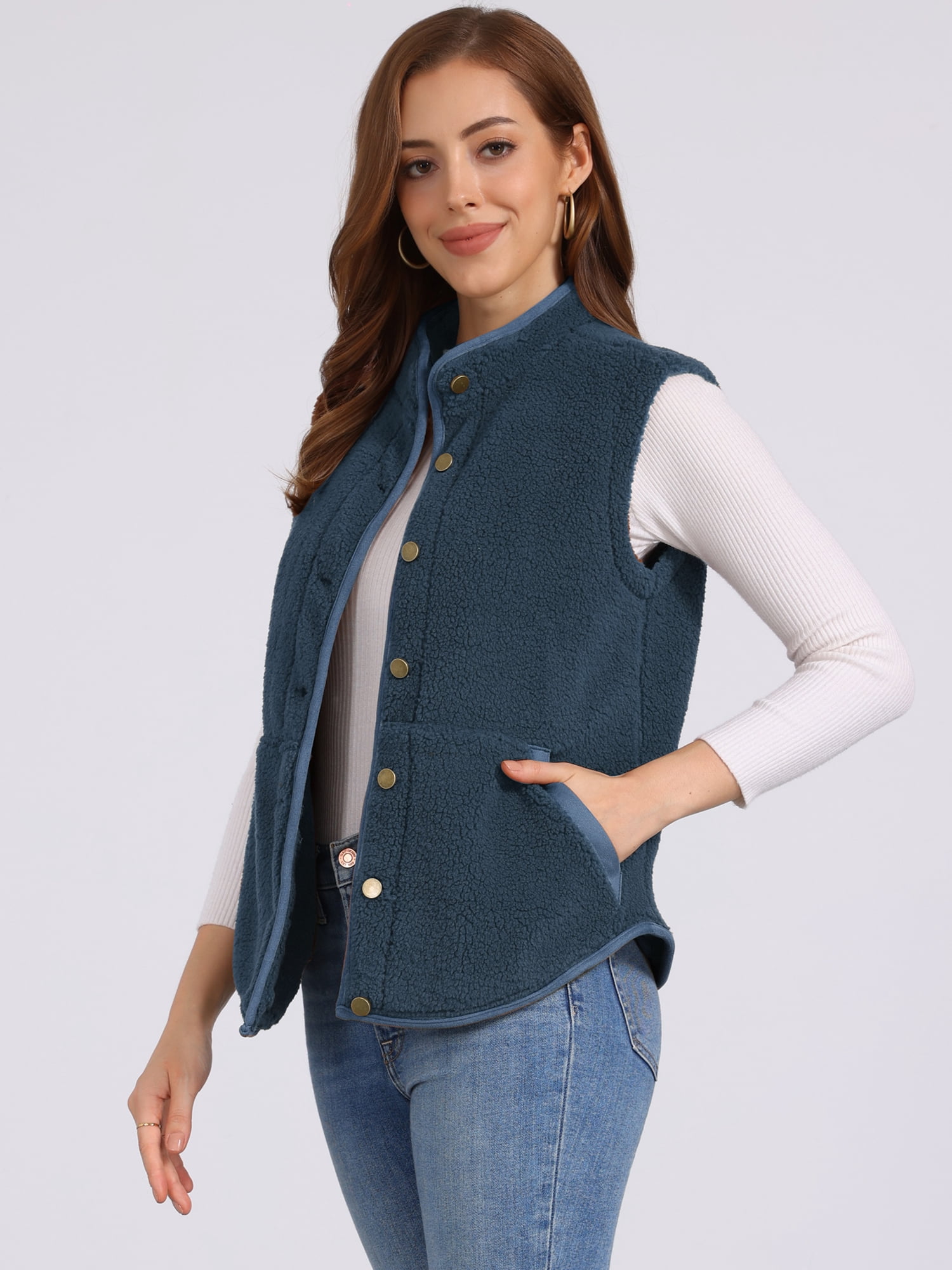 DARING DIVA Women's Fleece Button Down Jacket with Pockets Oversized Fuzzy Vests XS Dark Blue