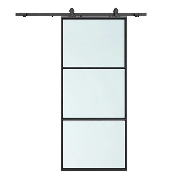 36 in. x 84 in. Full Lite Frosted Glass Black Steel Assembly Required Sliding Barn Door with Hardware Kit