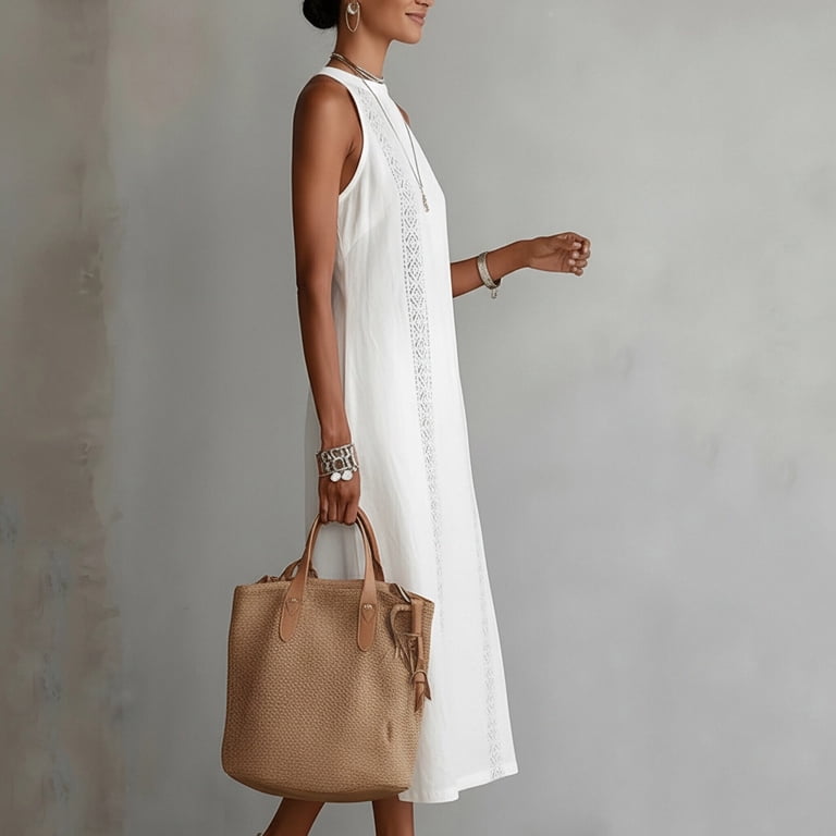 HOMBOM Summer Dresses for Women Halter White with Pockets Midi Cotton Side Slit Ladies Shift Dress Sleeveless