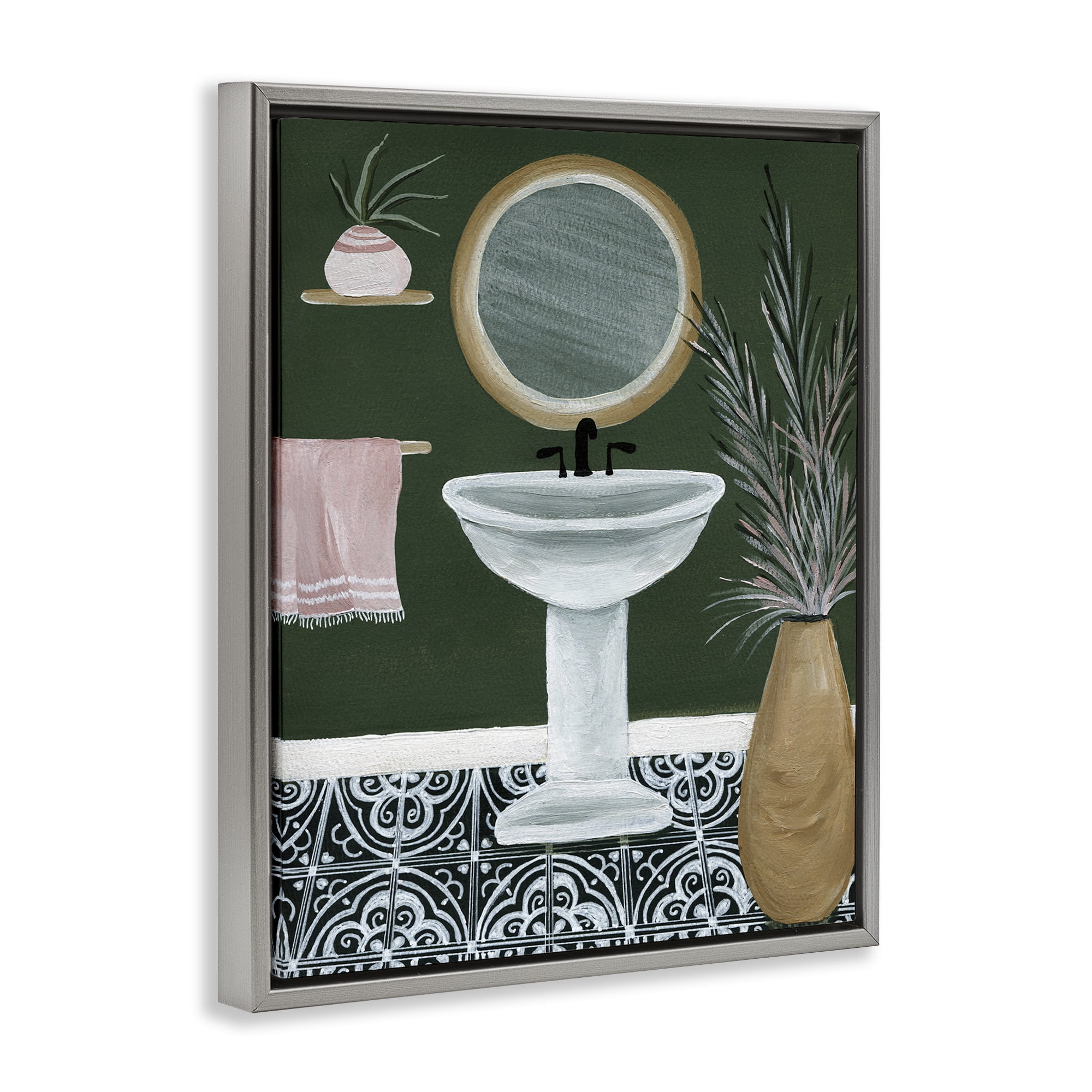 Stupell Industries Chic Green Bathroom Typography Painting Gray Floater Framed Canvas Art Print Wall Art, 25 x 31
