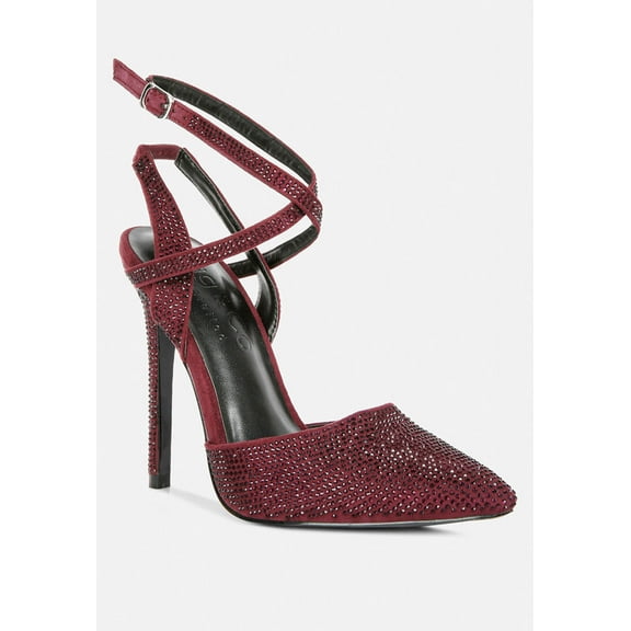 CHARMER Rhinestone Embellished Stiletto Sandals in Burgundy