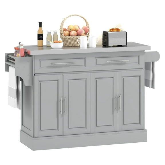 Gray Kitchen Island Cart with Stainless Steel Top, Drawers & Shelves on Wheels - Mobile Kitchen Storage for Home & Culinary Use