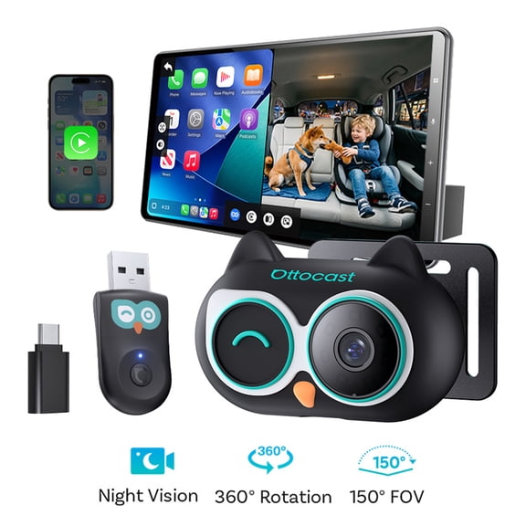 OTTOCAST Cabin Care Baby Camera for Car, 1080P Baby Car Camera with 1080P HD Night Vision, Wireless CarPlay Adapter, 150° Wide Angle, Real-Time Rear Seat Monitor