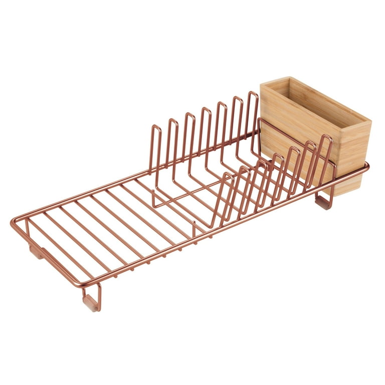 mDesign Steel Compact Dish Drainer Rack + Bamboo Cutlery Caddy