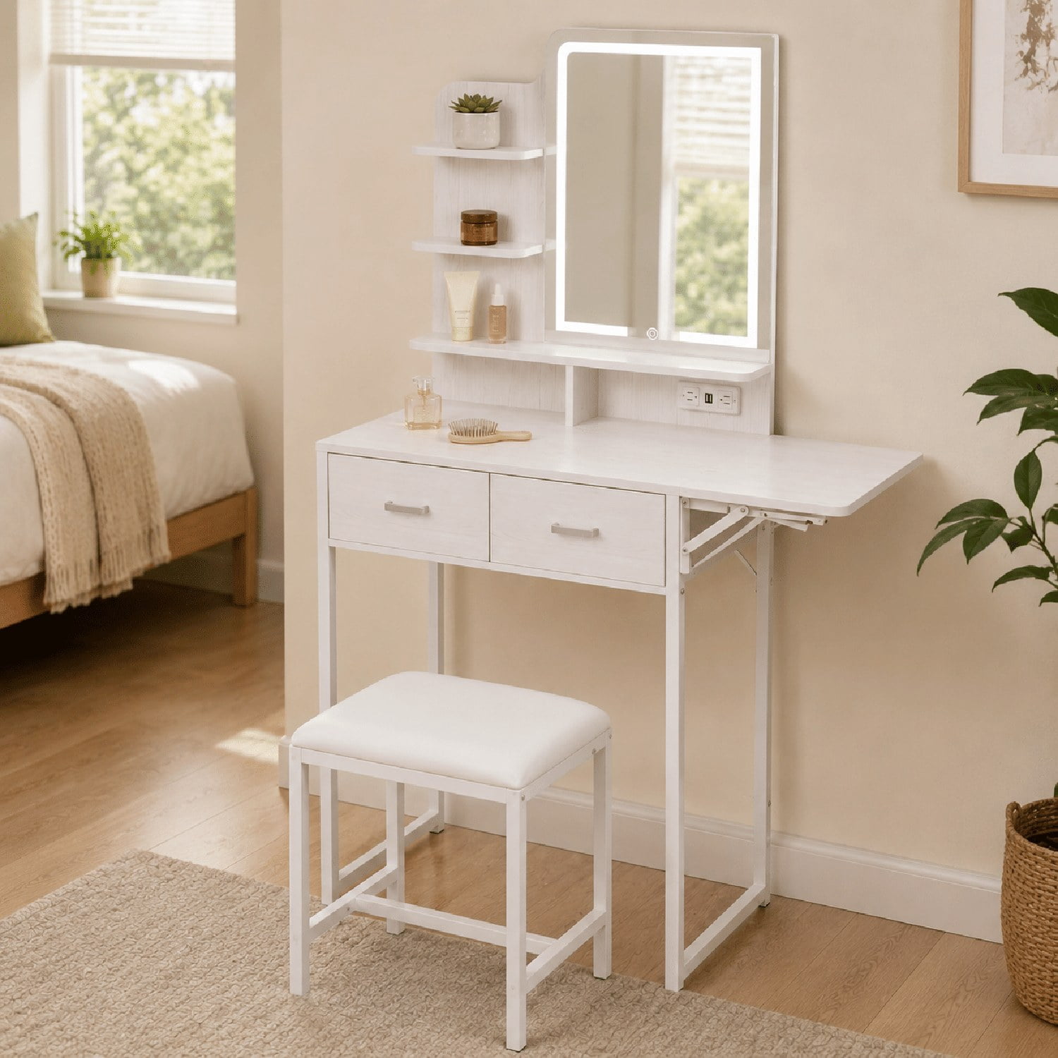 Vanity Desk with LED Lighted Mirror, Foldable Makeup Table Set with 2 Drawers, Cushioned Stool, Built-in Power Outlet and USB Ports, Open Storage Shelves, 32.6 in Extended Width