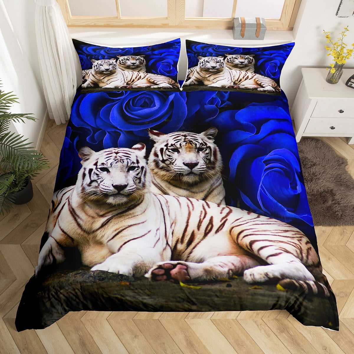 White Tiger Duvet Cover Blue Rose Bedding Set for Women Men,Wild Animal