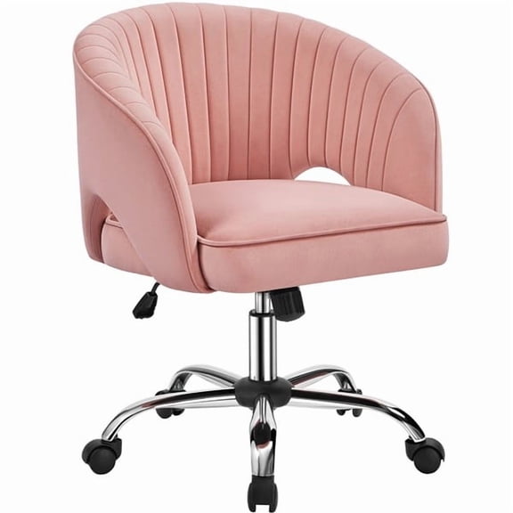 WDZS Cute Desk Chair Velvet Vanity Chair with Wheels Home Office Upholstered Modern Swivel Armchair with Tufted Barrel Back for Study, Vanity, Bedroom-Pink