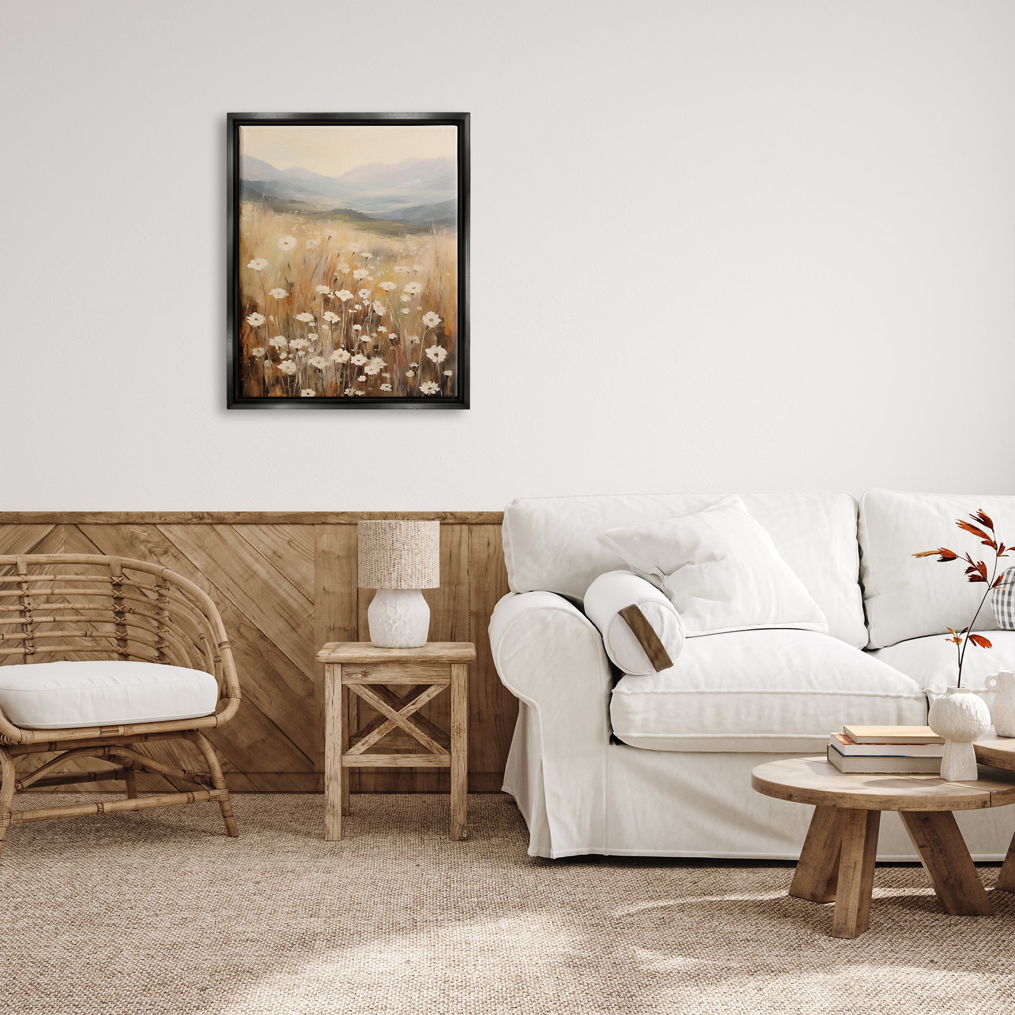 Stupell Industries Mountain Valley Meadow Botanical & Floral Painting Black Floater Framed Canvas Art Print Wall Art, 25 x 31