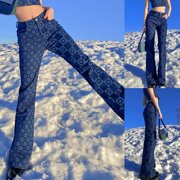 Aellinatey Women High Waist Straight Jeans Pants Asymmetrical Plaid Floral Denim Trousers