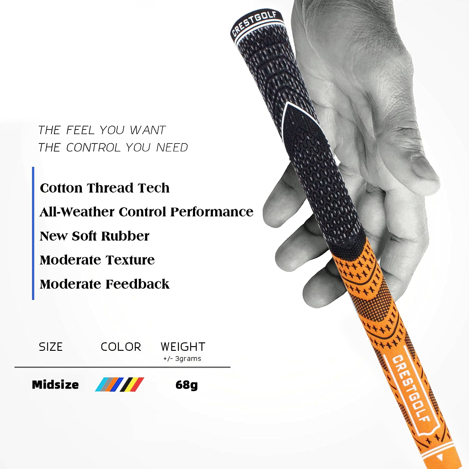 Crestgolf Golf Grips, Standard/Mid Size All-Weather Control Thread Technology Rubber Combine with Carbon Yard, Anti-Slip-Set of 13
