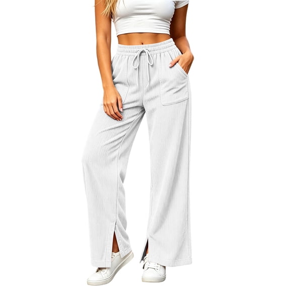 Levmjia Women Wide Leg Corduroy Pants High Waisted Drawstring Lounge Pants with Pockets Solid Color Casual Long Trousers