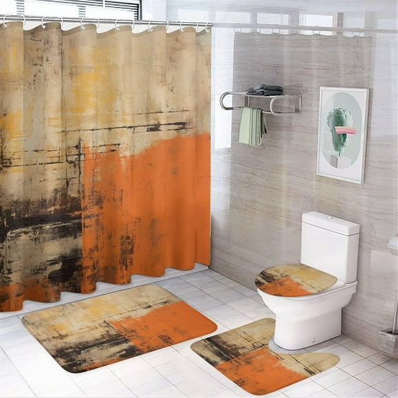 4 Piece Bathroom Rug Set with Shower Curtain Abstract Rustic Orange and Brown Print Bathroom Sets with Shower Curtain and Rugs 4 Piece Vintage Abstract Messy Rust Painting