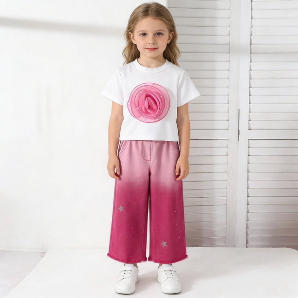 Conjuntos de blusa y camisa de cuello redondo y manga corta para niña, top rosa de verano y pantalones anchos de mezclilla degradados con lentejuelas de estrellas, vestido de algodón para niña de moda