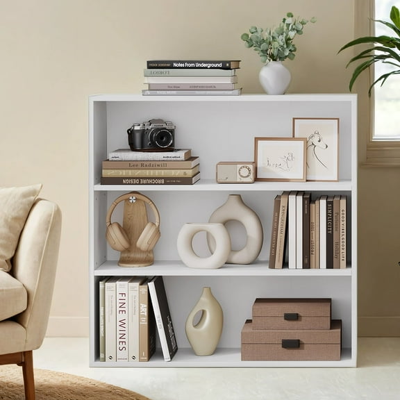 LEDREM 3-Tier Open Bookcase, Adjustable Shelves, 22lb/Shelf Capacity, Space-Saving Storage for Living Room, Office, Anti-Tip Design, Cloud White