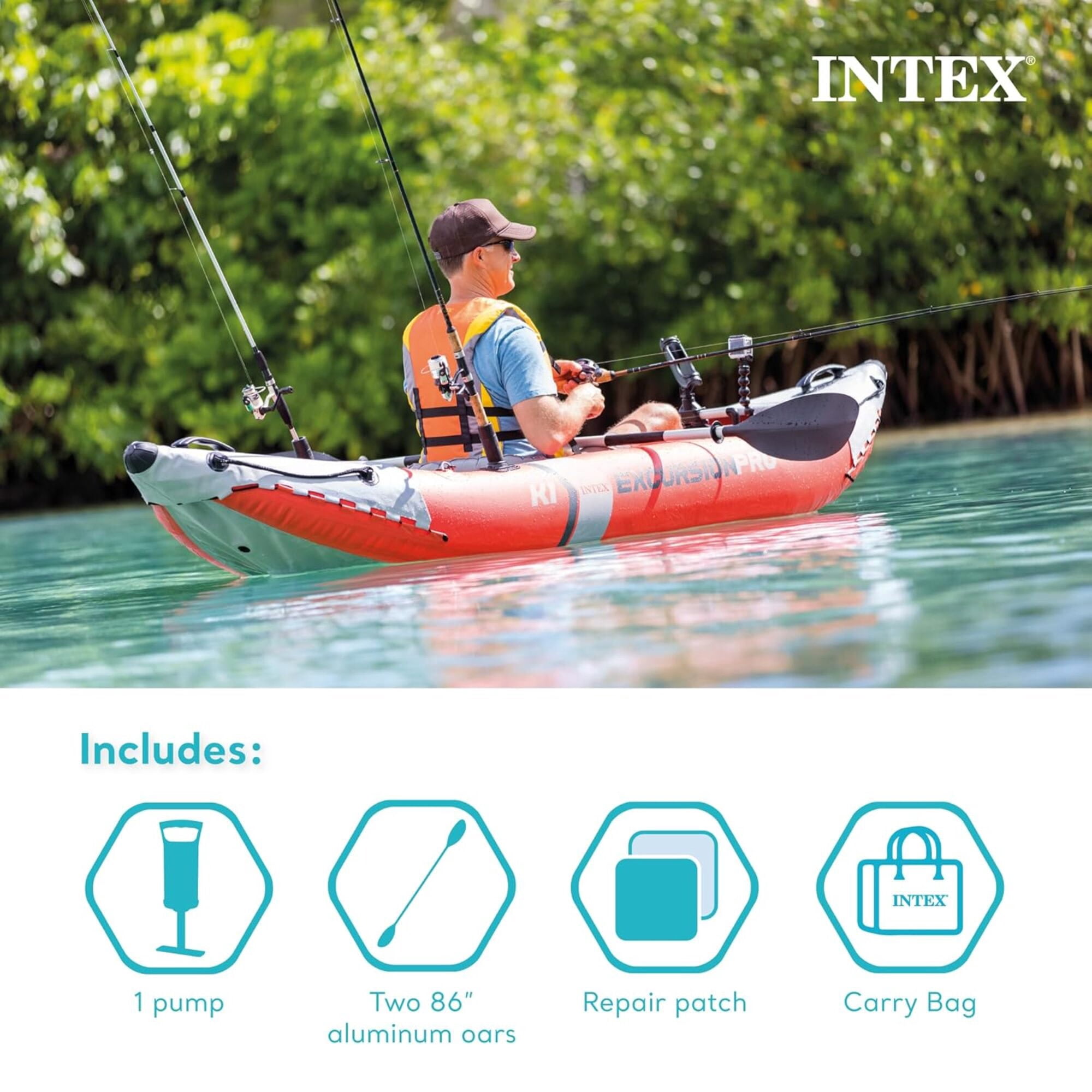 Intex: Excursion Pro K1 - 10' Inflatable Kayak Set - Orange & Gray, Aluminum Paddle Oars, Pump, Fishing Rod Holders, Adjustable Bucket Seat, 220lb Cap