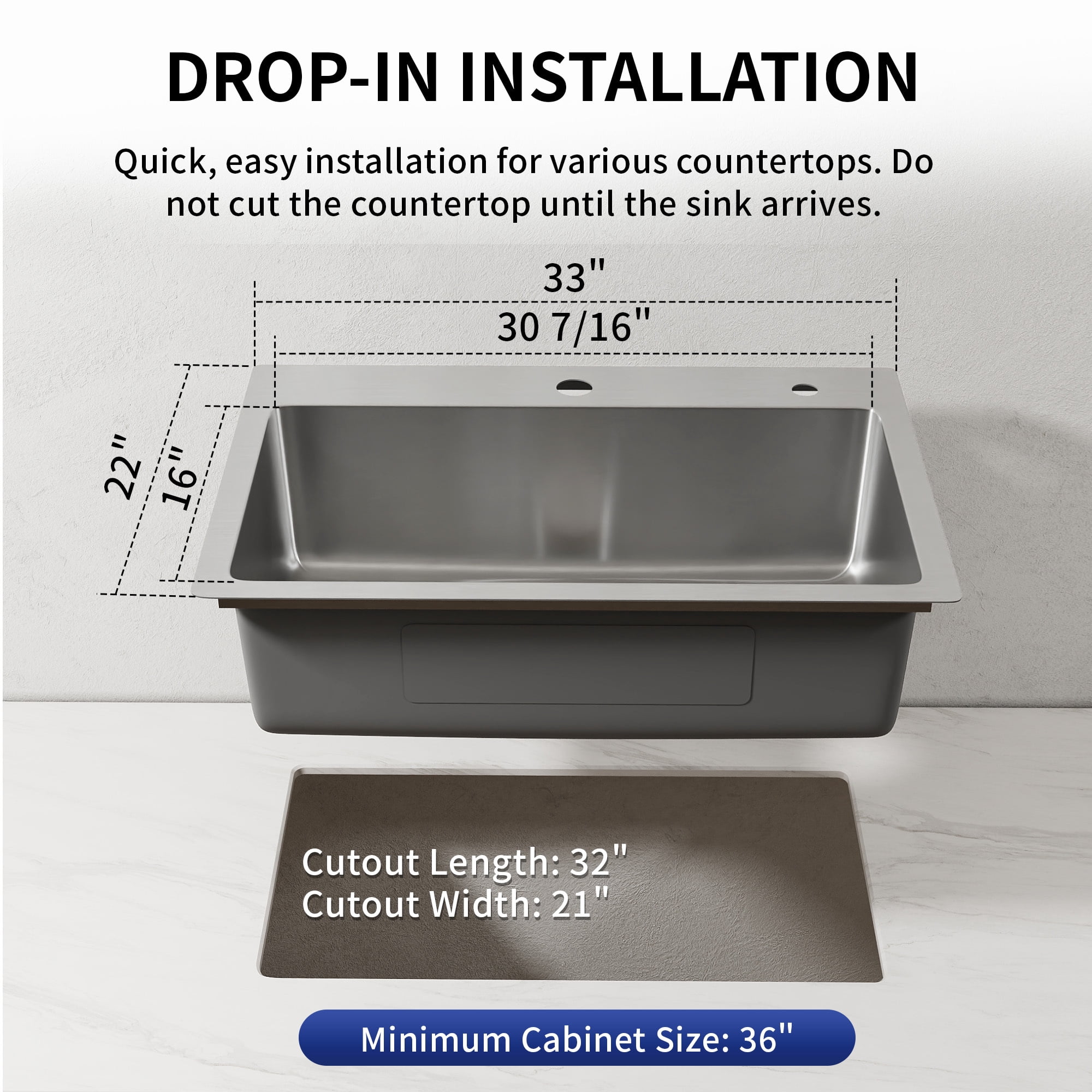 DeerValley 33 Inch Stainless Steel Kitchen Sink, Single Bowl 18 Gauge Drop In Kitchen Sink with Sink Grid and Basket Strainer, Silver Kitchen Sink for Homeowners, Kitchen Remodel & Replacement