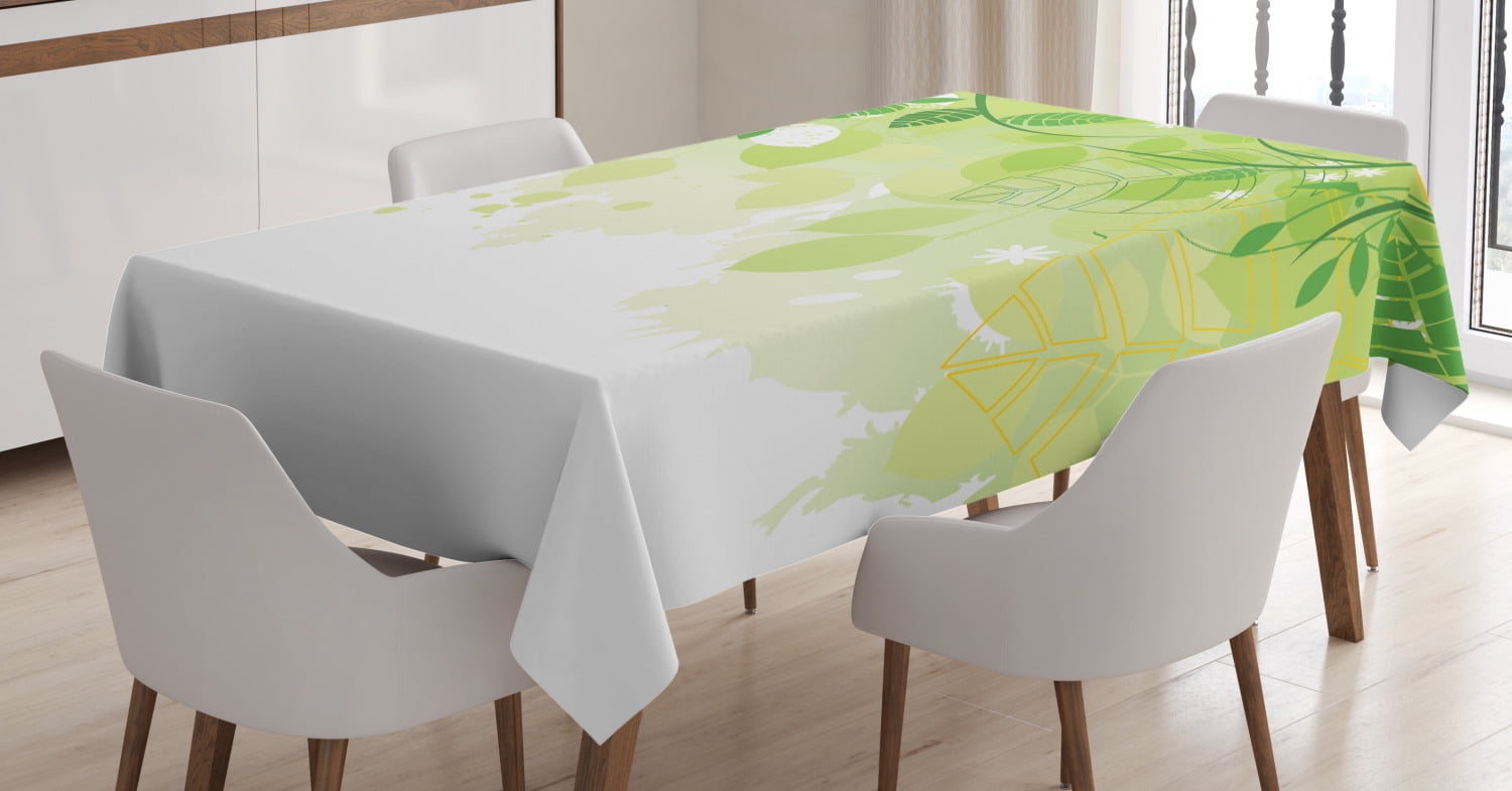 Green Leaf Tablecloth, Flourishing Springtime Abstract Composition with