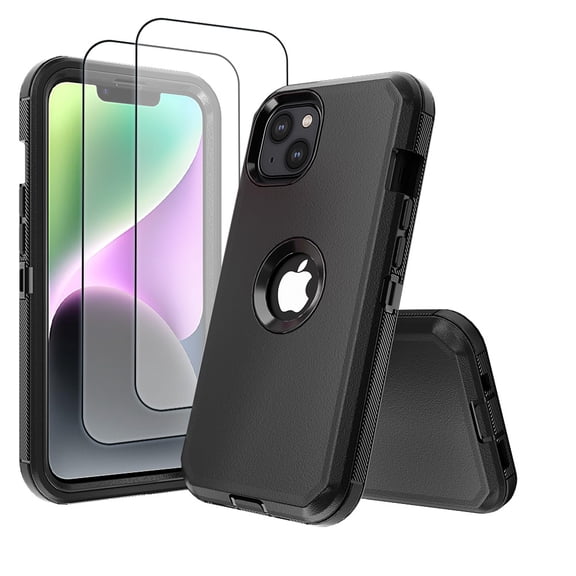 Hotpom for iPhone 14 Plus Case with 2 Pack Screen Protector Slim Shockproof Dust/ Drop Proof Protection Women Men universal Phone Cover, Black/ Black