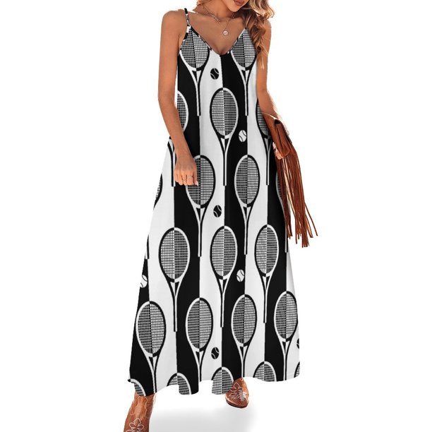 Vestido sin mangas con raquetas de tenis en blanco y negro sobre fondo de rayas Ropa femenina Vestidos de manga larga