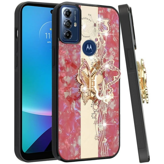 For Motorola Moto G Play 5G 2023 Diamond Bling Sparkly 3D Ornaments Engraving Hybrid with Ring Stand Fashion Cover ,Xpm Phone Case [ Enchanted Butterfly Red ]