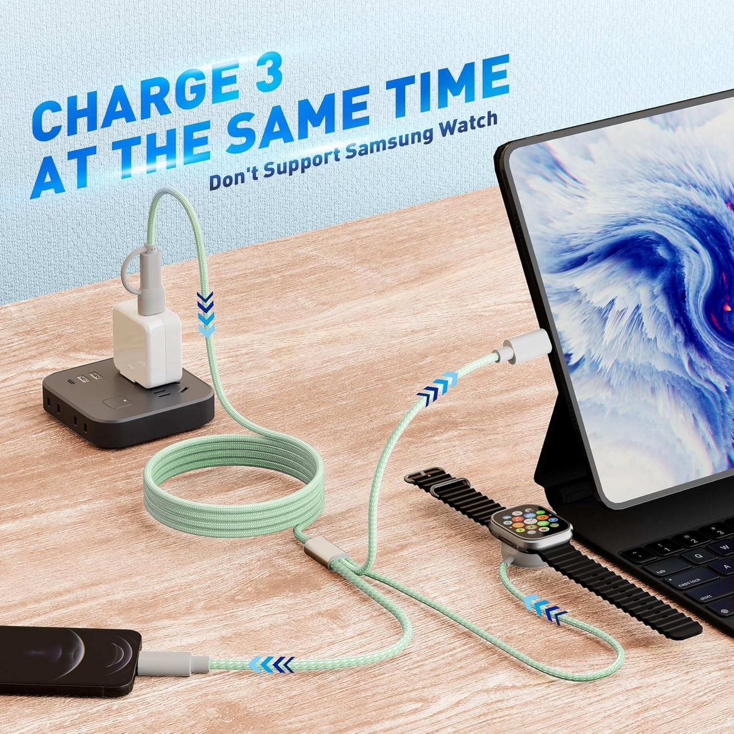 Charging USB C Watch Phone Charger 3 in 2 Cable, Compatible with Apple Watch Ultra SE Series 1-8, Universal Travel Multi Devices All in One Cord, 4FT/1.2M-Blue