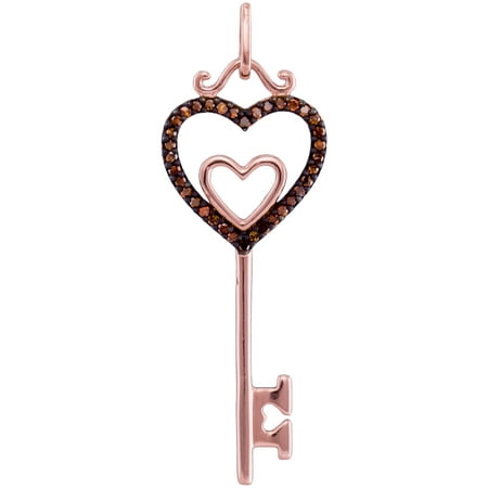 - Solid 10k Rose Gold Round Red Diamond Channel Set Heart Key Pendant (1/10 cttw)