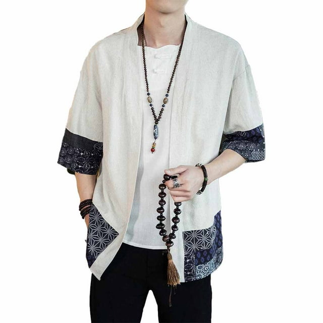 Qarigey Kimono japonés para hombre, chaquetas, ropa de disfraz, cárdigan ligero, prendas de vestir abiertas de media manga para hombre, ropa de camisa Camisetas Blanco 5XL Qarigey AP017201-07