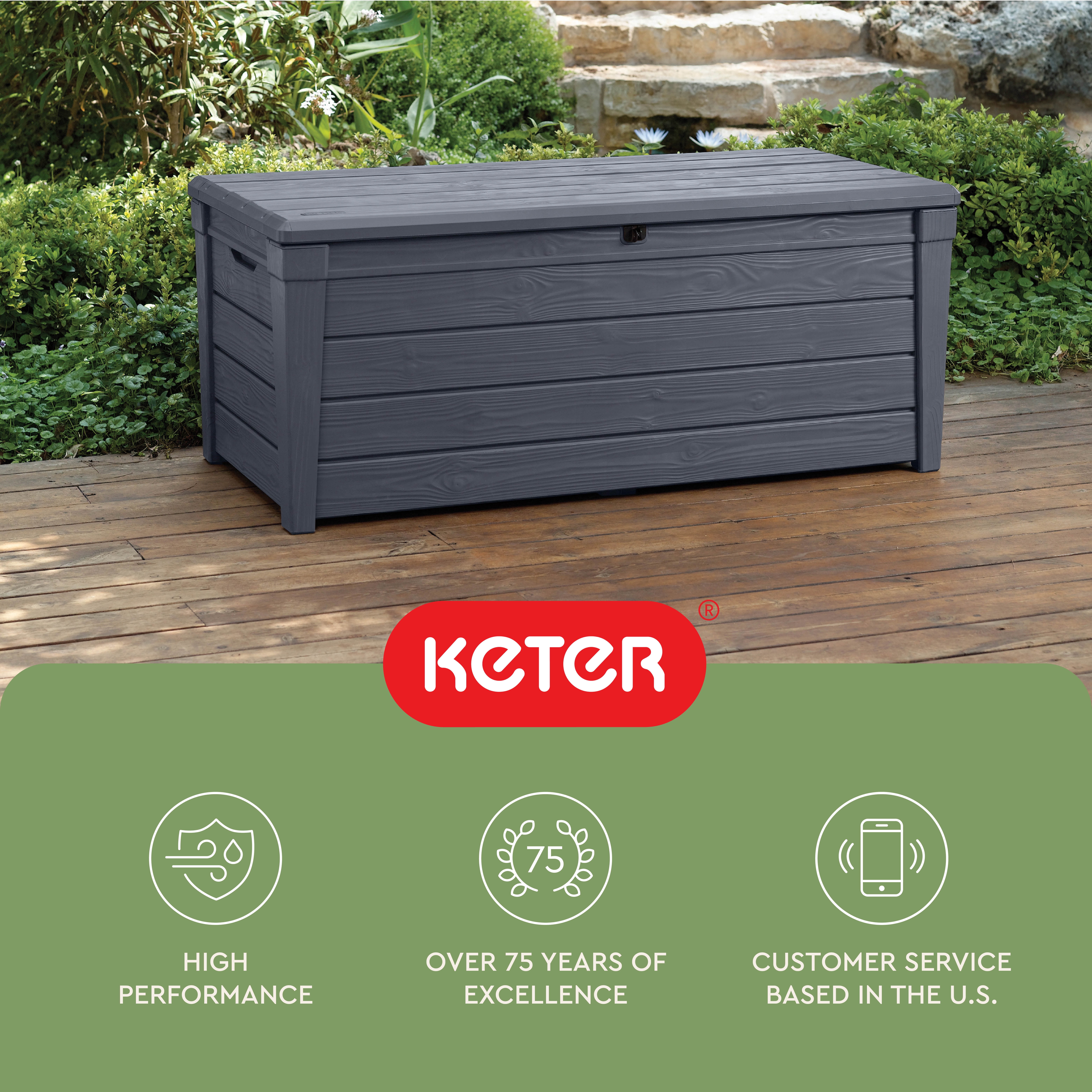 Keter Brightwood 120 Gallon Durable Resin Outdoor Deck Box Storage Organization, Anthracite Gray
