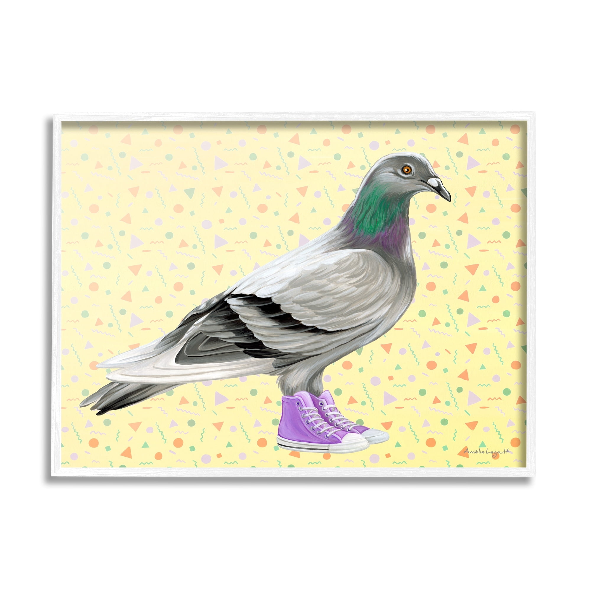 Stupell Industries Pigeon In Purple Sneakers Retro Patterned Background Graphic Art White Framed Art Print Wall Art, Design by Amelie Legault
