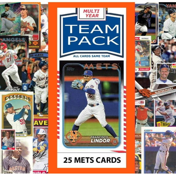 25 Card Multiyear Team Pack New York Mets Francisco Lindor 2024 2023 2025 Topps Stadium Club Archives Chrome Heritage Bowman