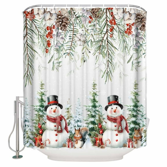 Fabric Shower Curtain, Christmas Winter Snowman Xmas Tree Squirrel Red Berry Bathroom Curtain with 12 Hooks Waterproof No Bad Odor Machine Washable Bath Curtains for Bathroom, Spa Room, 36"x72"
