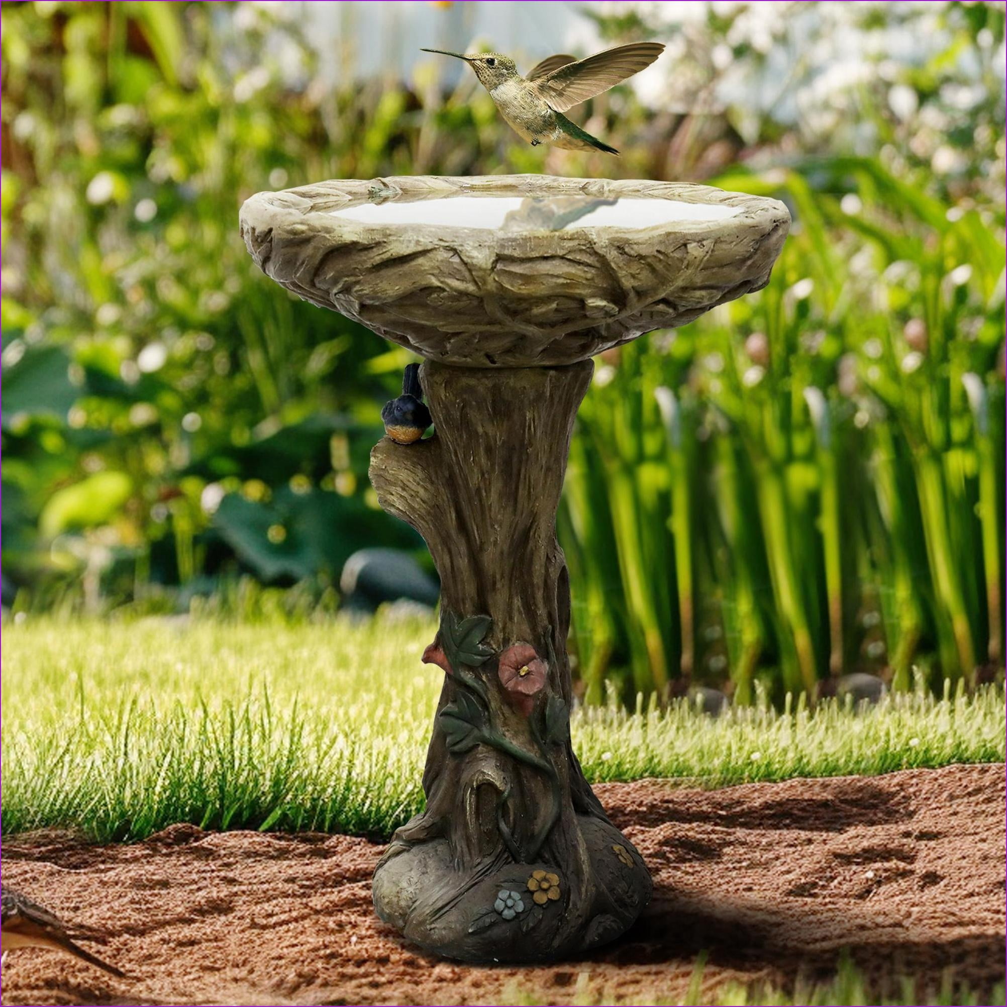Bird Baths | Rustic Wood Look 25.5" Tall for Garden Yard Patio | Walnut Brown | Concrete Cement